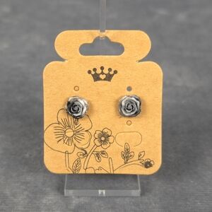 Black & White Rose Flower Earring Stainless Steel Post Butterfly/Silicone Backs